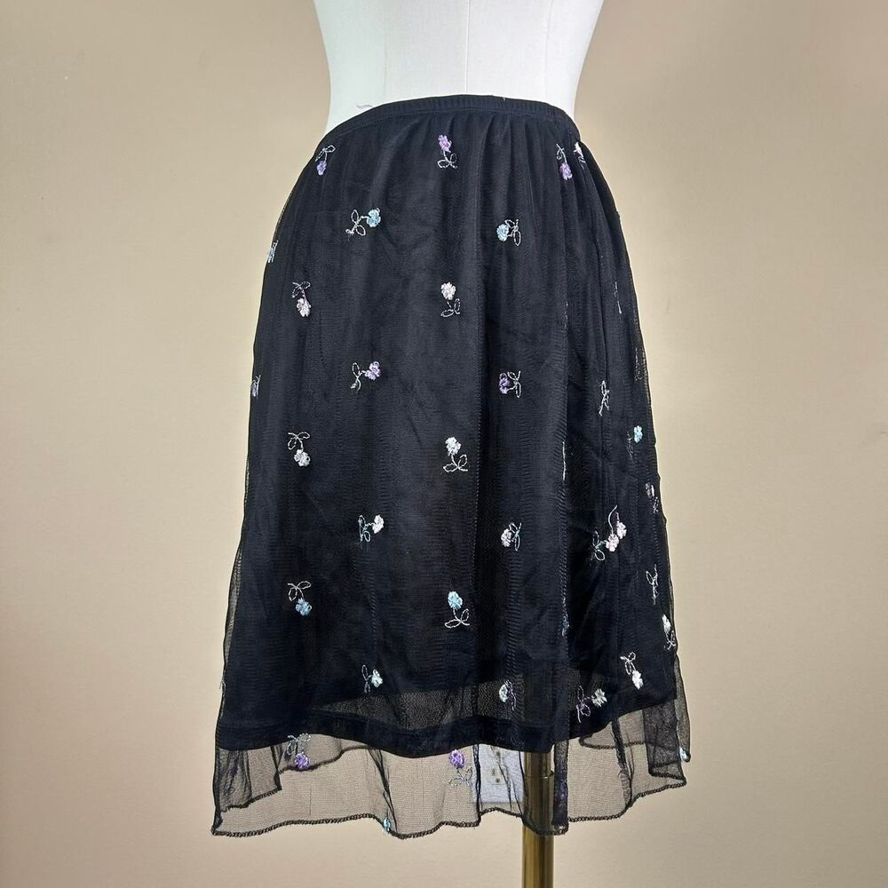 Vintage 90s Whimsigoth Flower Embroidered Black Mesh Skirt